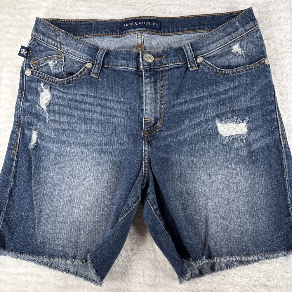 Rock & Republic Bumpershoot Studded Denim Shorts Women’s Sz 12 Distressed Biker